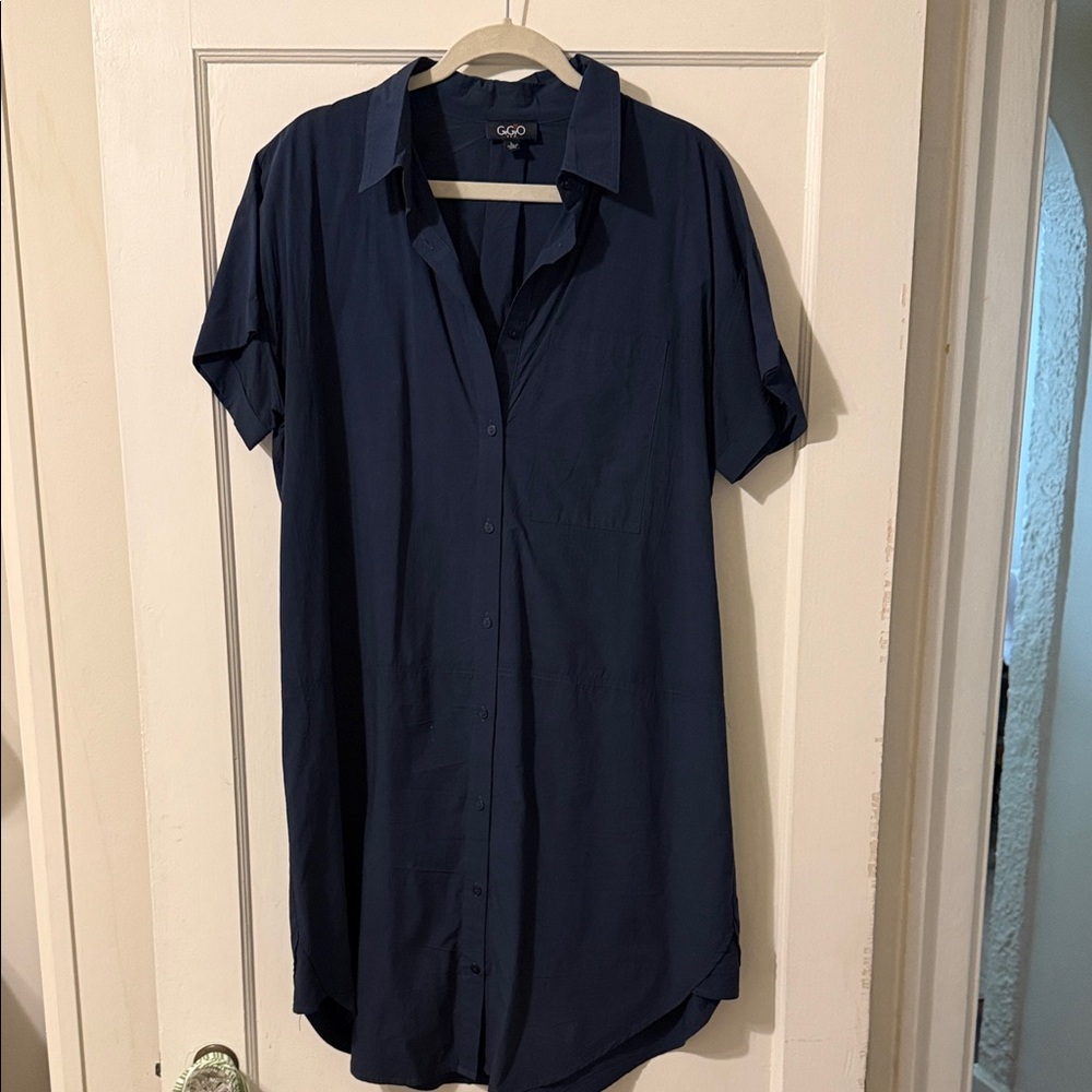 Navy Short Sleeve Shirt Dress - Women's Mini